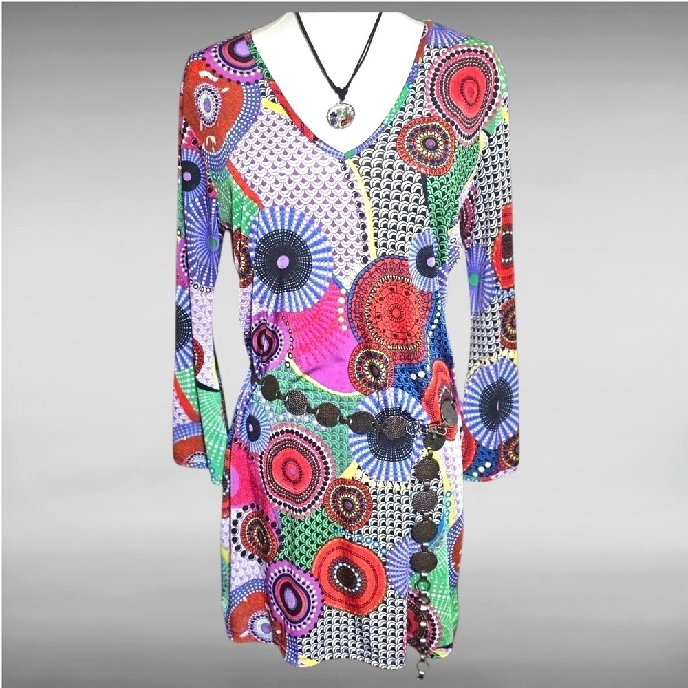 Psychedelic Retro Geometric Shift Mini Dress Long Sleeve Artsy Boho Womens M